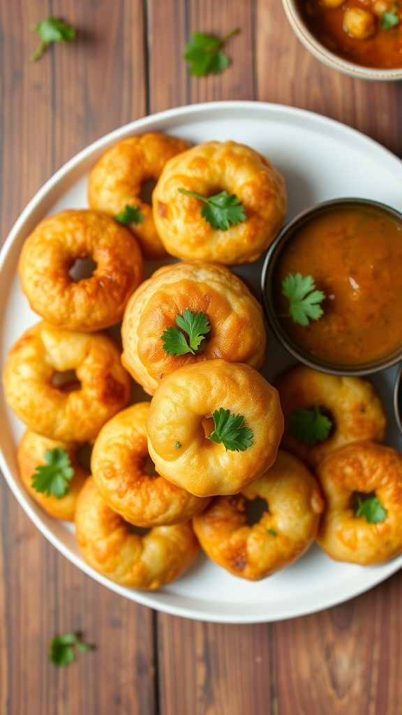 Crispy ulundu vadai served with coconut chutney and sambar on a rustic table.
